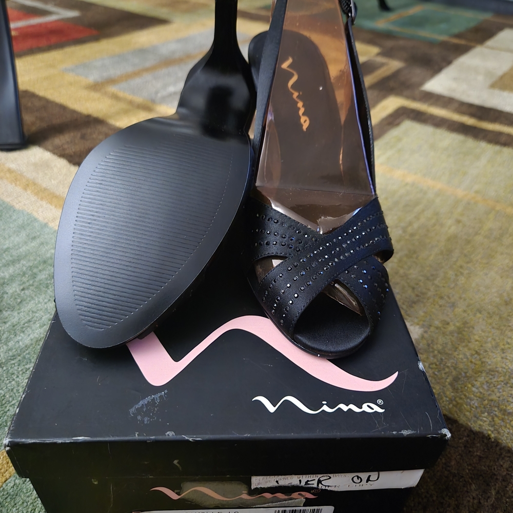 Nina Black Peep-Toe Heels